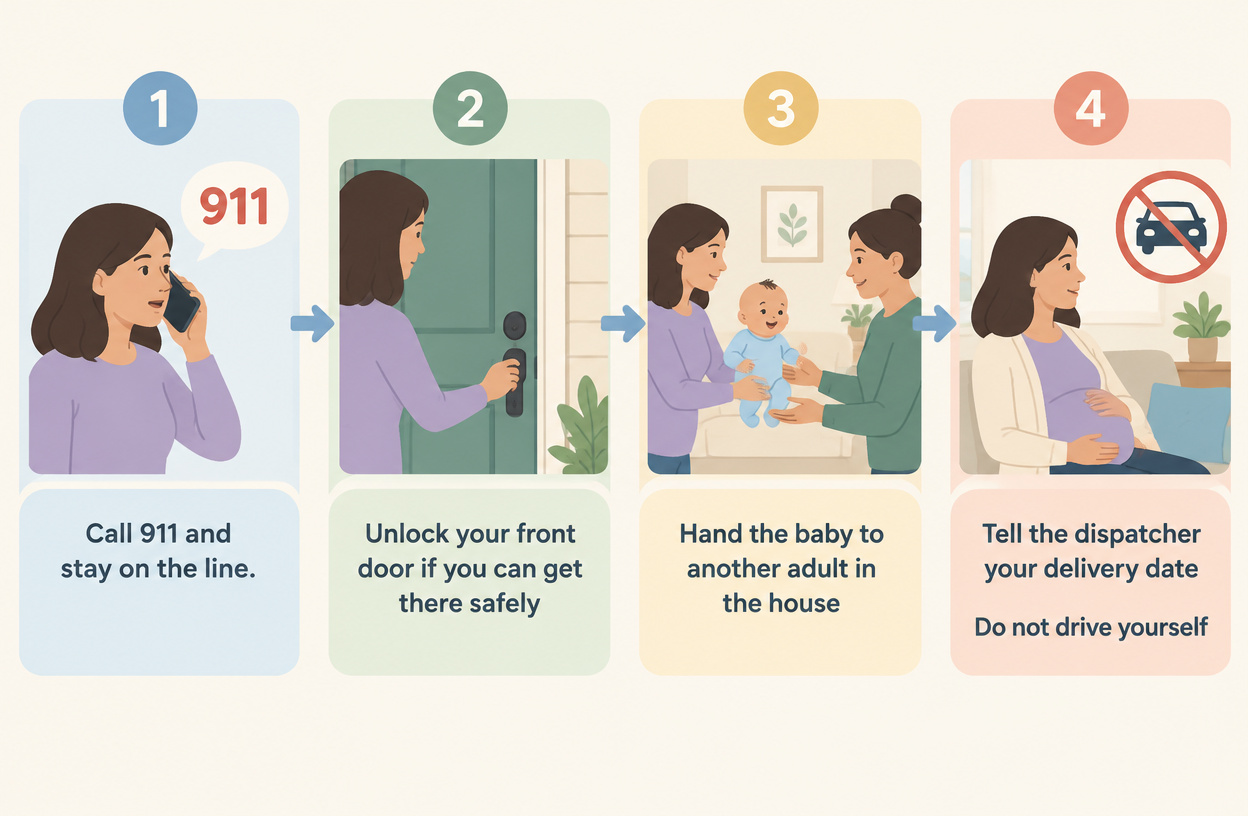 Step-by-step emergency actions for a postpartum crisis, including calling 911 and not driving.