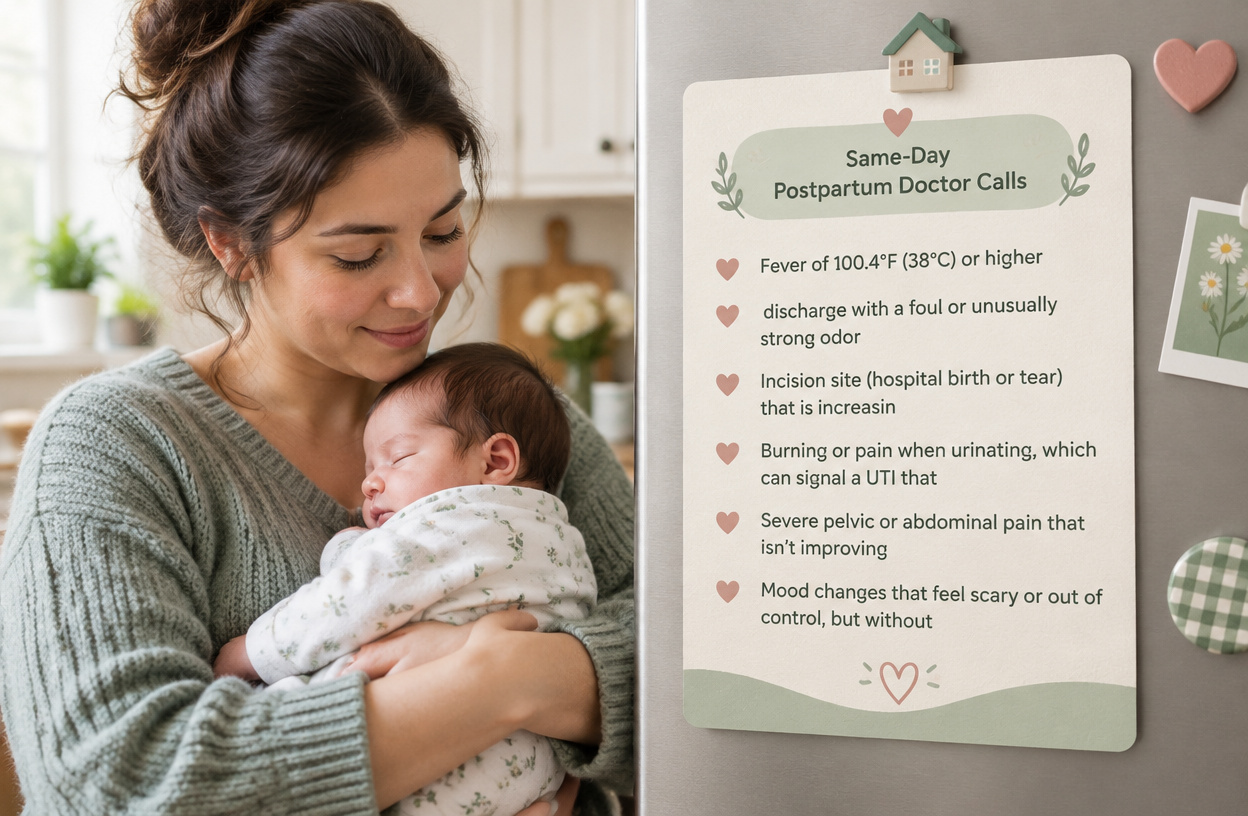 Saved checklist of postpartum symptoms that should prompt a same-day doctor call.