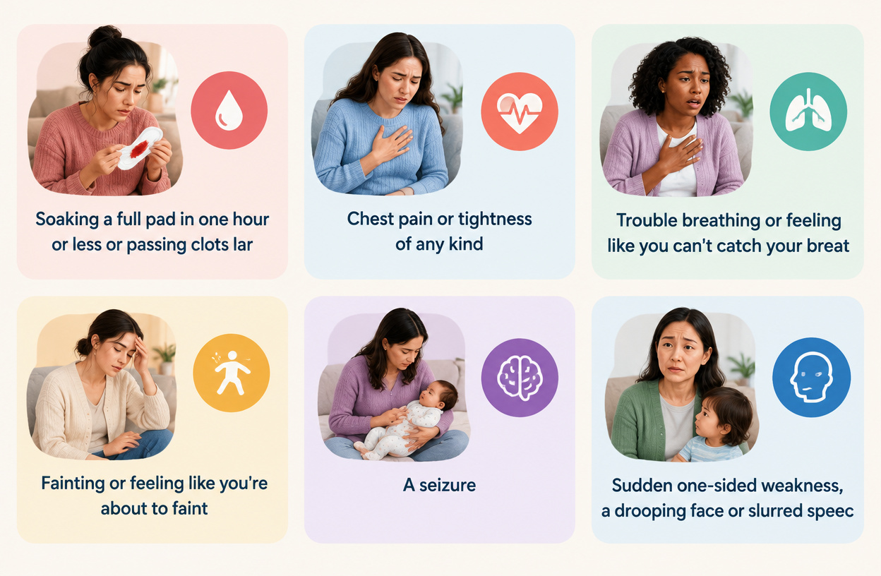 Checklist of postpartum emergency symptoms that mean call 911 immediately.